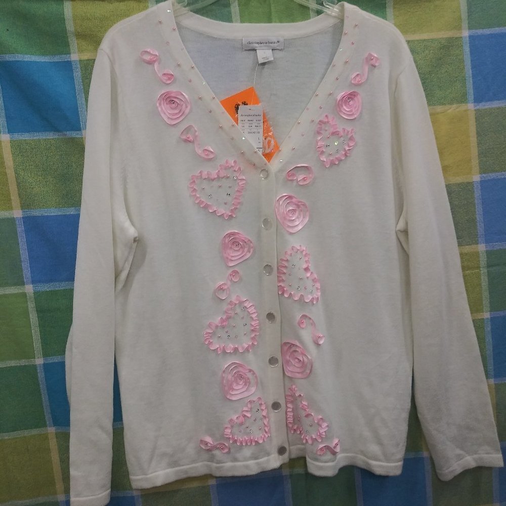 2300 Size Large Christopher Banks Embellished Pink and White Button Up Sweater